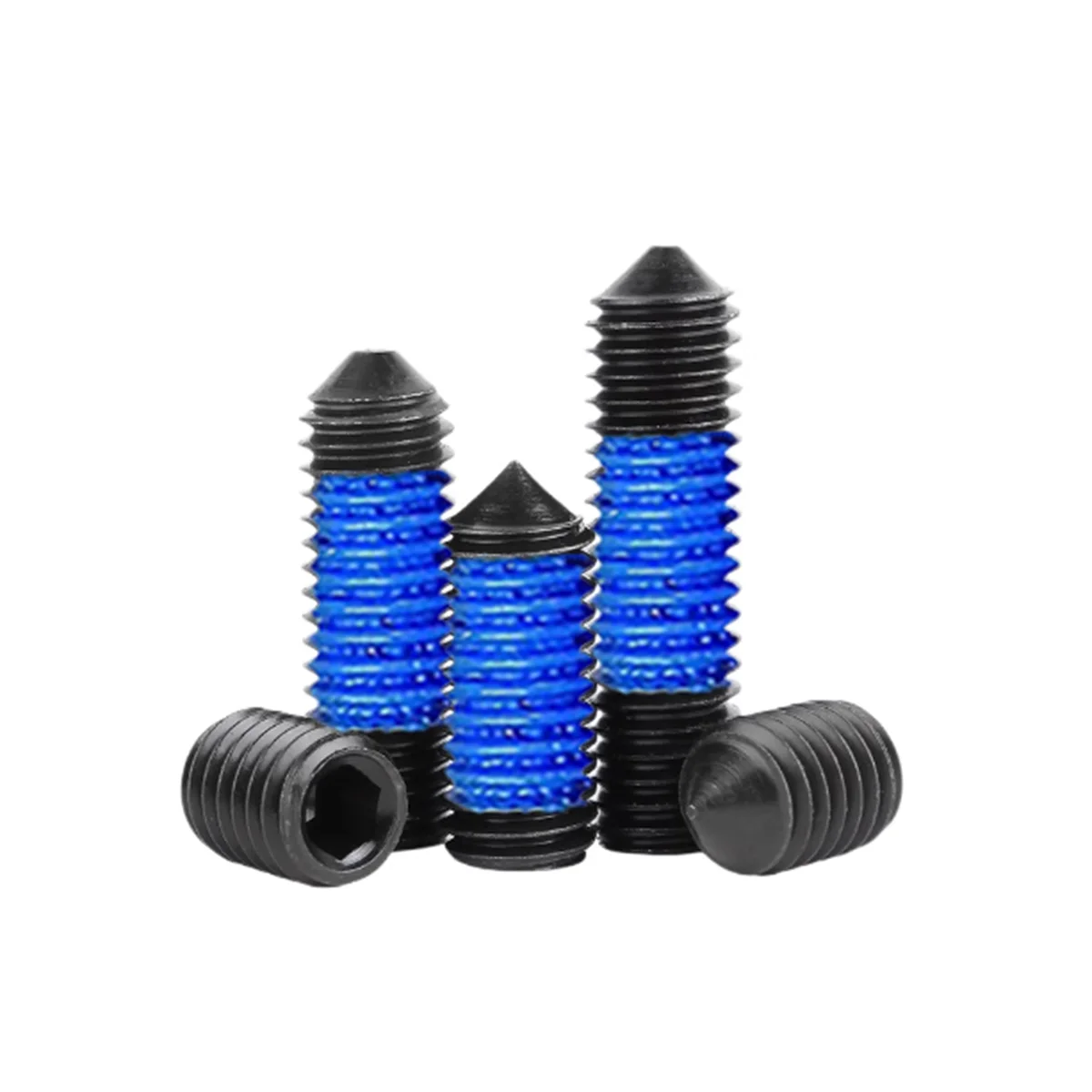 12.9 Grade Carbon Steel Black Hexagonal Pointed Tail Coated With Blue Glue Anti Loosening Set Screw M3M4M5M6M8