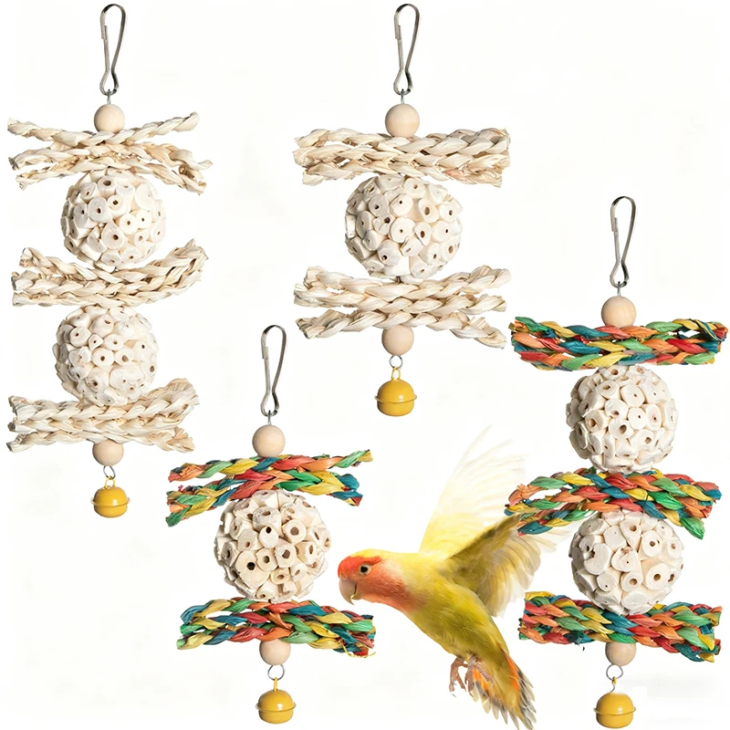 Vogel-Kau-Spielzeug: Natürlicher Maisblatt- & Tetrapanax-Ball, Käfig-Hängespielzeug, Zahnreinigungs-Rattanball, Beißspielzeug für Vögel
