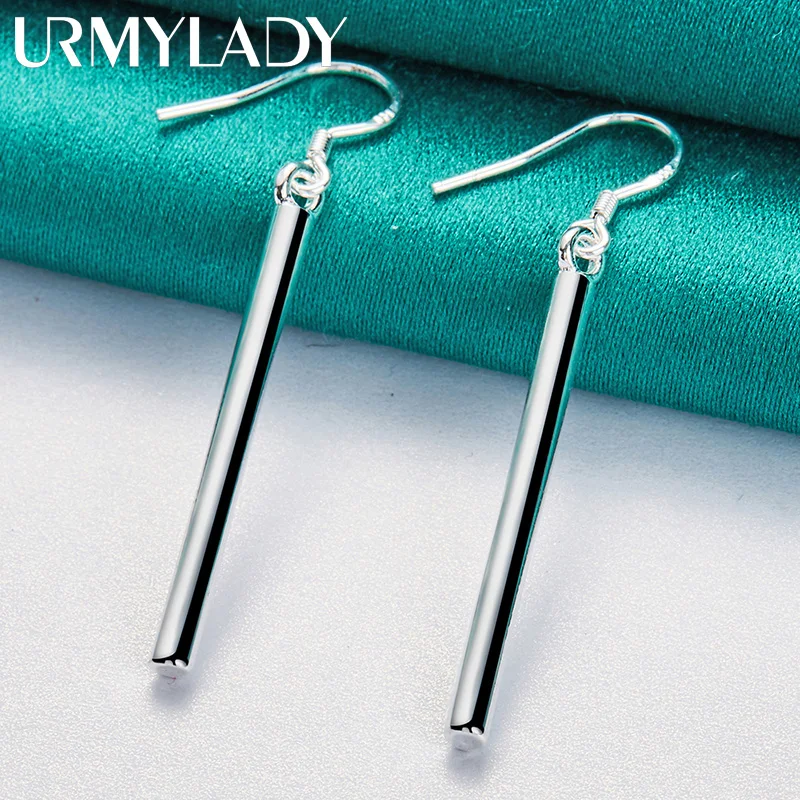 

URMYLADY 925 Sterling Silver Smooth Column Earrings Eardrop For Women Charm Wedding Engagement Fashion Party Jewelry