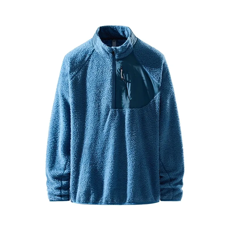 Men Women Mountain Style Half Zip Stand Collar Fleece Jacket Color Block Warm Outdoor Inner Coat for Hiking Camping
