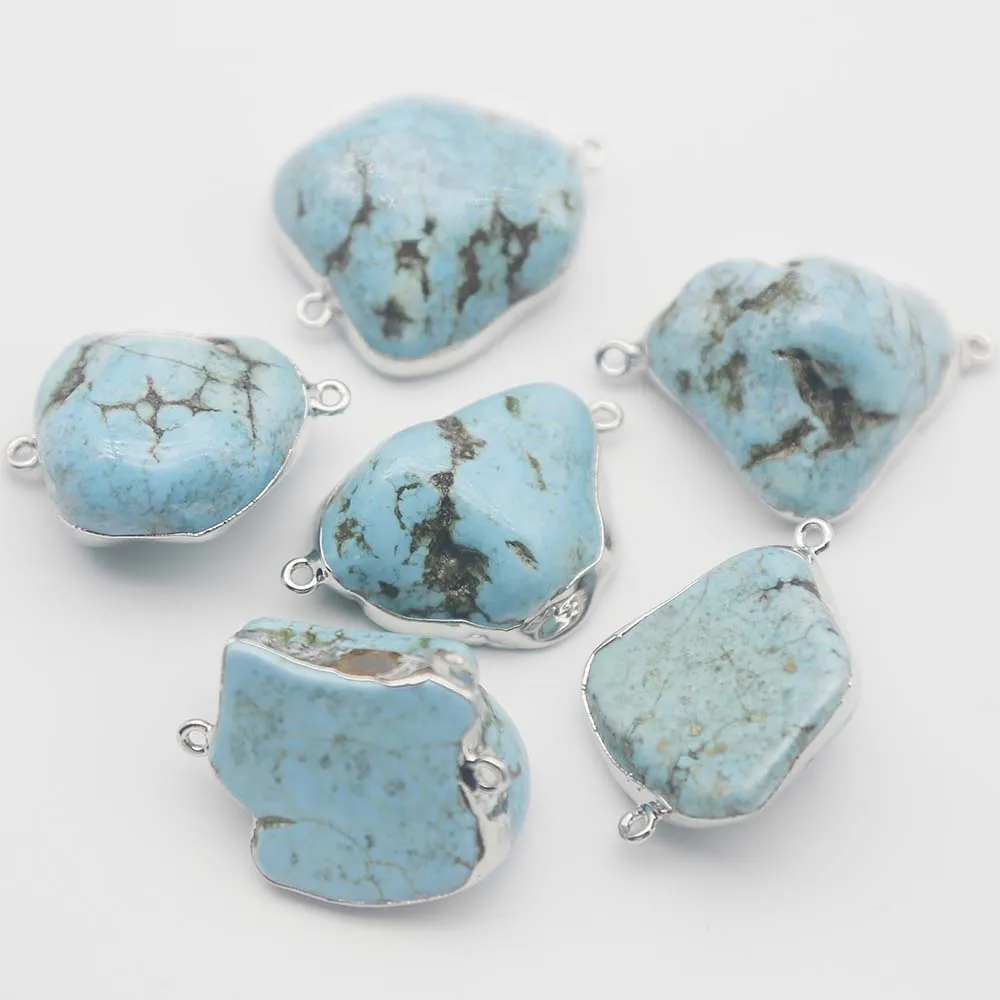 Natural Double Head Unshaped Pendants White Turquoise Optimised Blue Turquoise Hand Pressed Silver Edged Bracelet Connector10PCS