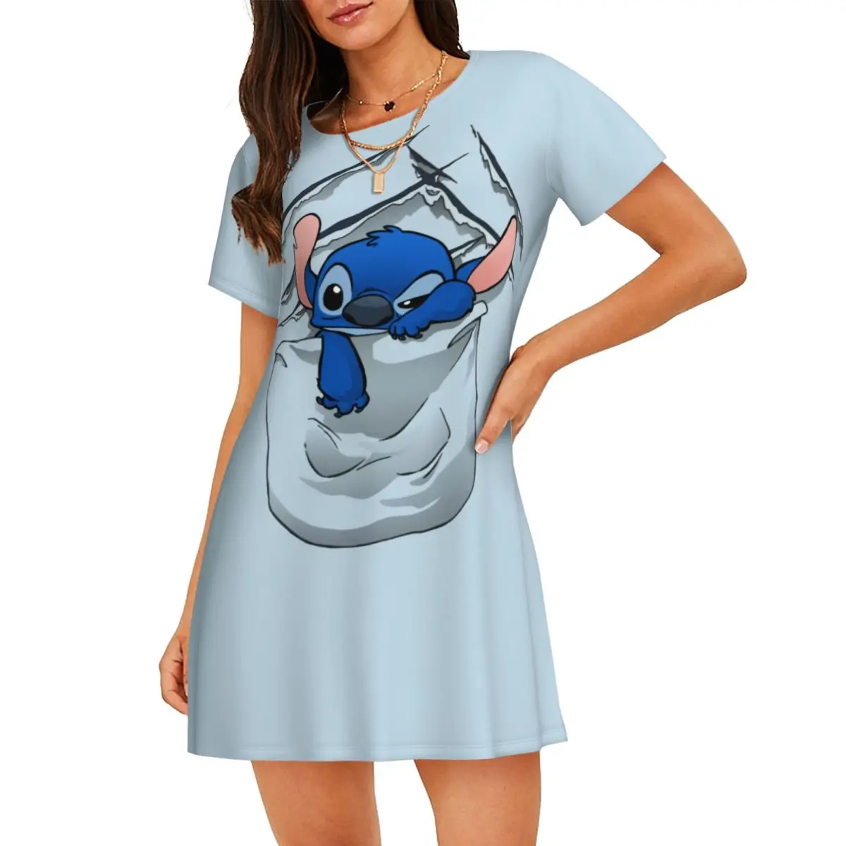 

Custom Badness Level Rising Stitchs Women Short Sleeve Nightdress Funny Anime Pullover Nightgown For Sleeping Sleepshirts