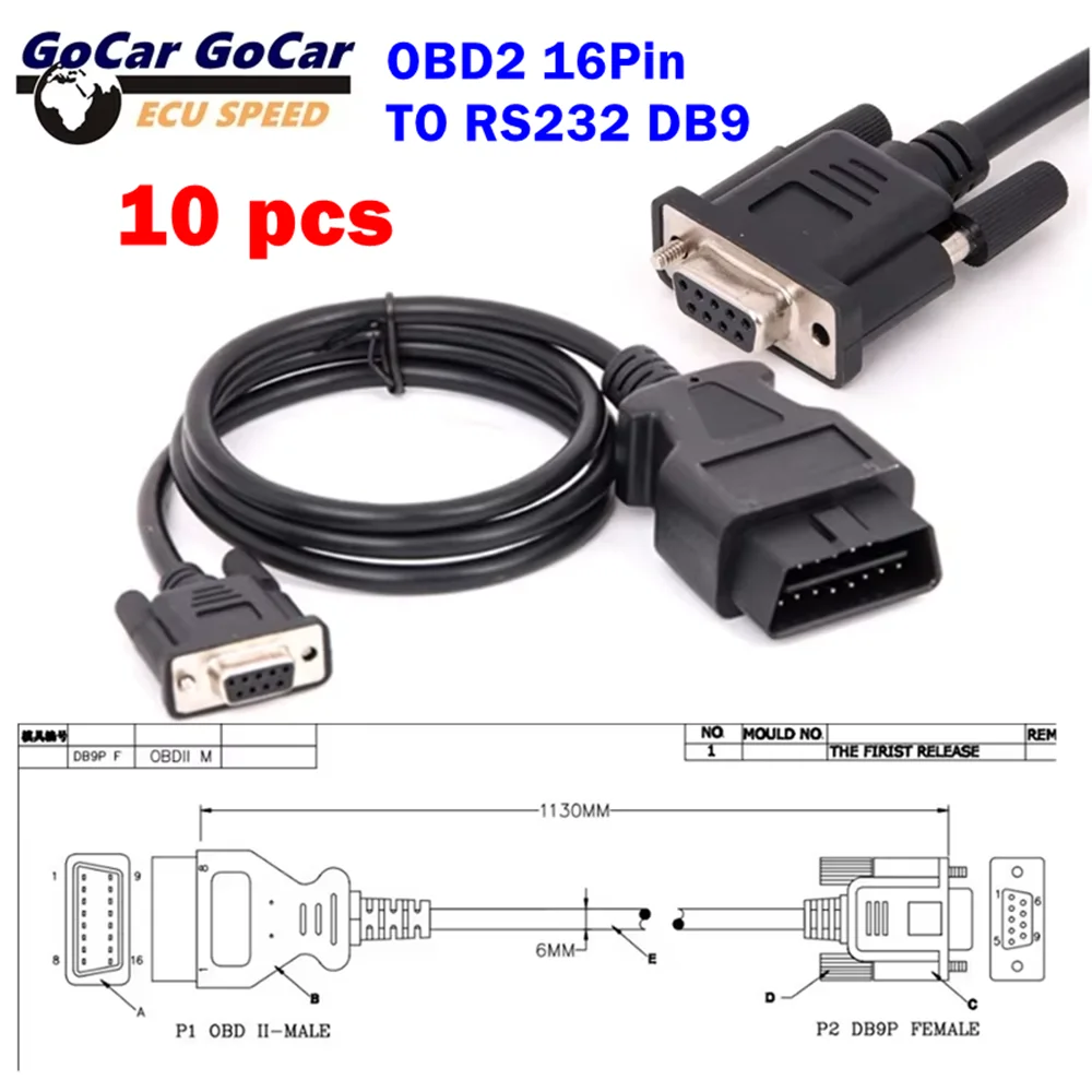 

10pc OBD2 16Pin To DB9 RS232 Serial Port Extension Line Male 16 Pin DB 9pin Obd2 Connector 9 Pin Female Car Obd 2 Cable Adapter