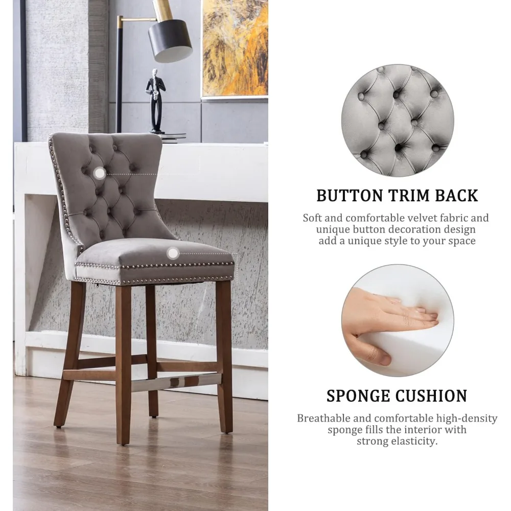 Counter Height Bar Stools Set of 2, 27" Wingback Velvet Bar Stools with Button Back and Nailhead Trim, Upholstered Bar Chairs