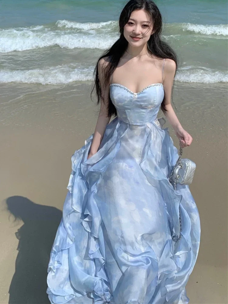 

Spaghetti Strap Korean Chic A-Line Ruffles Beach Style Party Dress One Piece New Summer Long Dresses for Women 2025