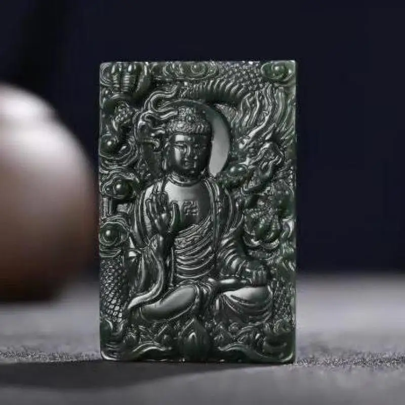 

Ожерелье Будды из натурального зеленого нефрита для мужчин и женщин, амулет на удачу, натуральный китайский нефрит, Hetian Jade, кулон Будды Шакьямуни, ожерелье