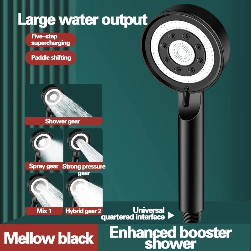 

5 Modes Shower Head Spray Nozzle Massage Rainfall Showerhead High Pressure Large Flow Black Water Saving Bathroom Accessories