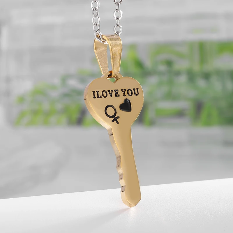 Stainless Steel Fashion Heart Shape Key Pendant I Love You Letter Necklace Romantic Valentine\'s Day Jewelry Gift for Couples