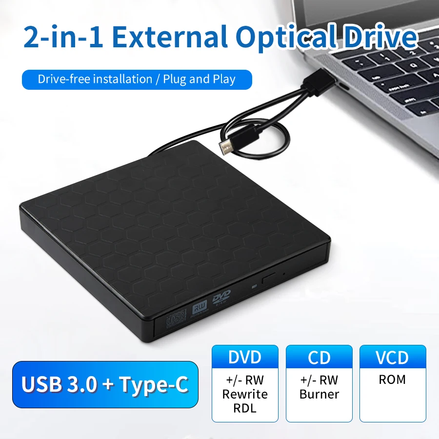 

External DVD Burner USB3.0 & Type C 2 in 1 DVD RW Drive Optical Drives CD Disk Writer Reader Player for Laptop Computer PC