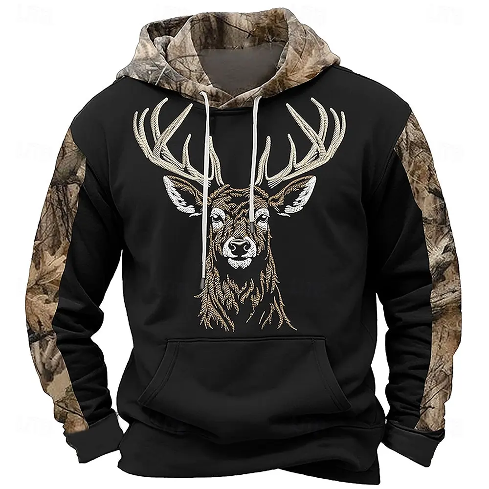 Outdoor Camouflage Hunting Mens Hooded Shirt Autumn Winter Sweatshirts Funny Milu 3D Deer Print Oversized Hoodie Casual Clothing