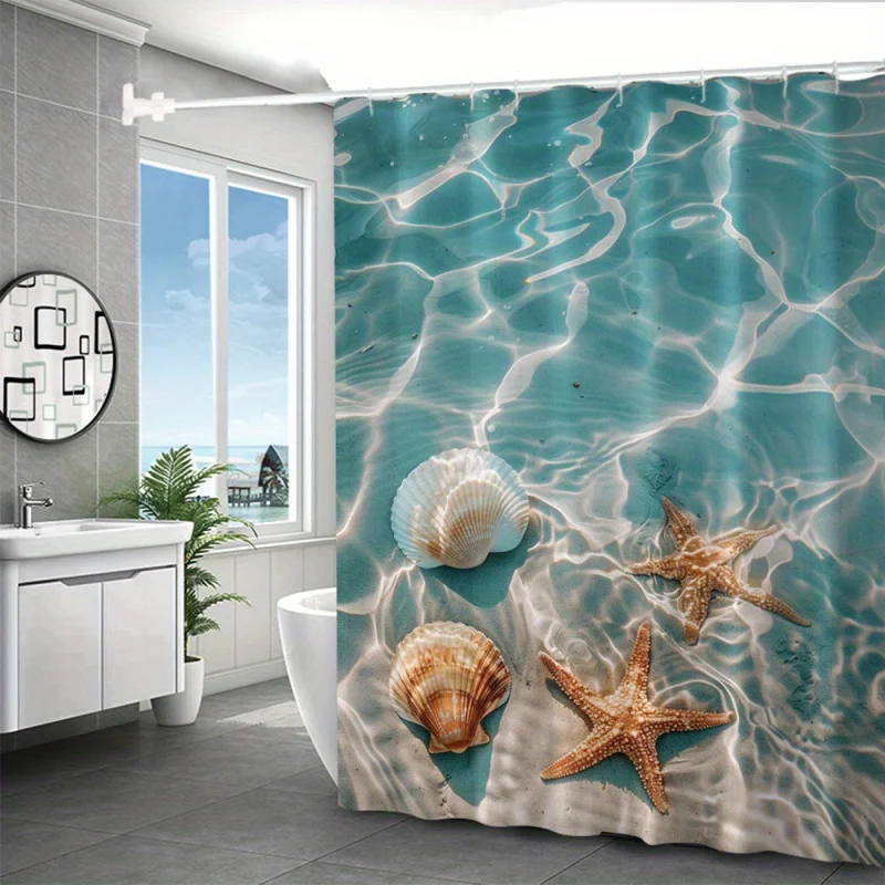 Ocean Shell 3D Print Waterproof Shower Curtain Set with Hooks - Machine Washable, No-Drill Installation, Cartoon Animal Theme fo