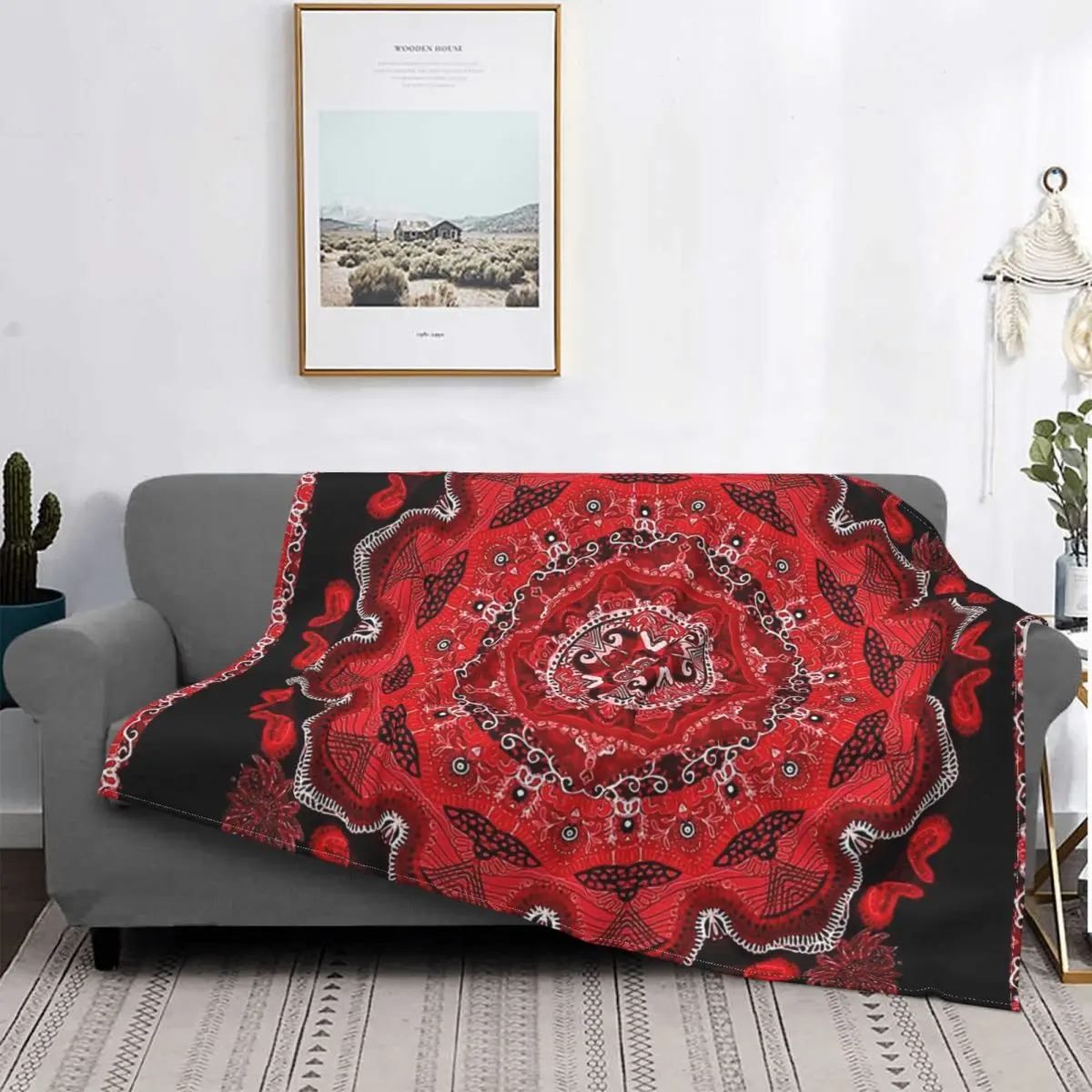 Red Flower Floral Design Hand Painted Blanket Mandala Deco Fleece Velvet All Season Multifunction Throw Blankets For Bedding