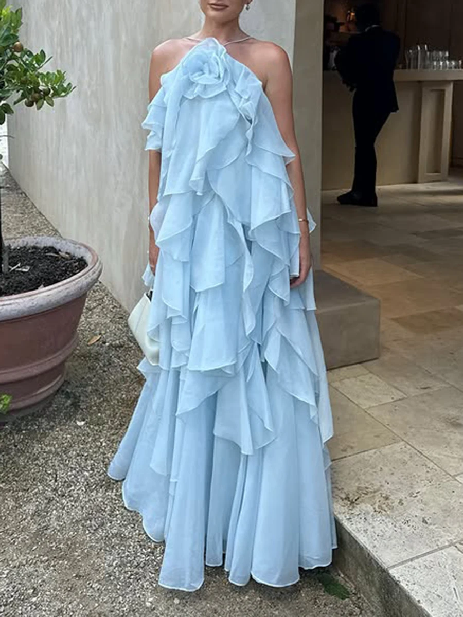 TWOTWINSTYLE Solid Spliced Ruffles Elegant Dresses For Women Halter Sleeveless High Wasit Backless Loose Dress Female Fashion