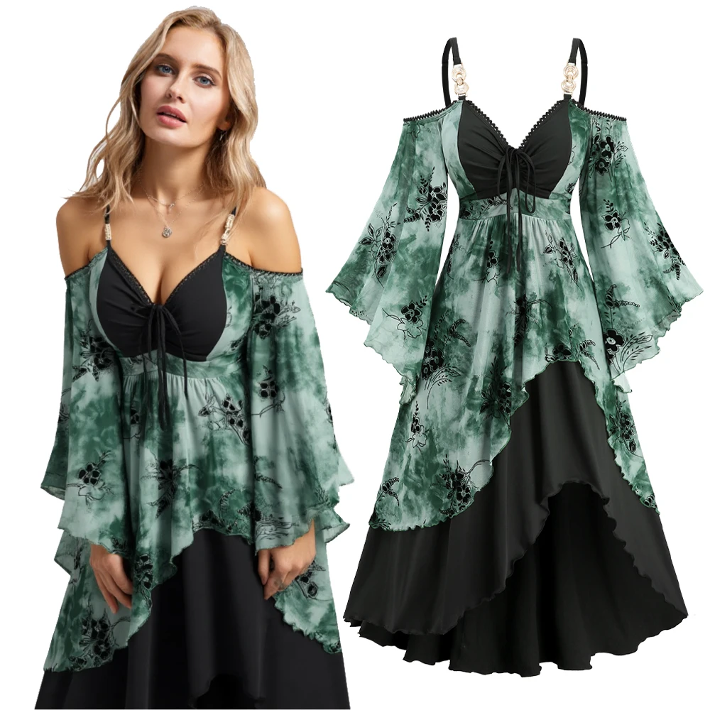 

ROSEGAL Plus Size Flower Flocking Tie Dye Ruffles Cinched Cold Shoulder Asymmetric Cami Dress