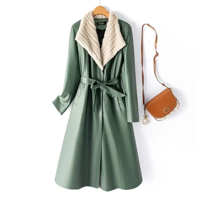 2026 Winter New Leather Down Jacket Women's Overcoat High-End Slim Big Fur Collar Fashion Medium-Length Warm Leather Trenchcoat