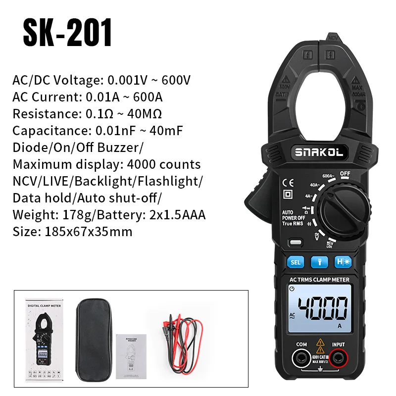 SNAKOL SK-203 Intelligentes Zangenmessgerät 600A AC/DC Strom/RMS 35mm Großer Durchmesser Zangenkopf Hintergrundbeleuchtung + Taschenlampe Doppelte Beleuchtung – Detail 25