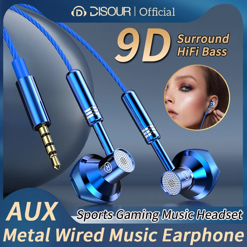 

9D Surround Bass HIFI Metal 3.5mm AUX Music Wired Headphones With Mic Waterproof Sweatproof Sports Earphone Game Headset Earphon