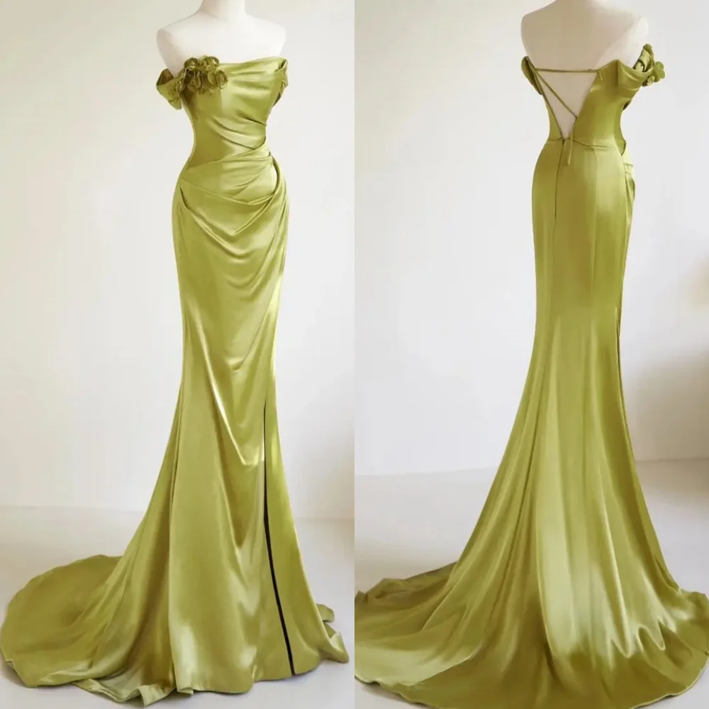 

Customized Exquisite Green Satin Evening Dress Delicate Strapless Off the Shoulder Sleeveless Zipper Back Special Occasion Gowns