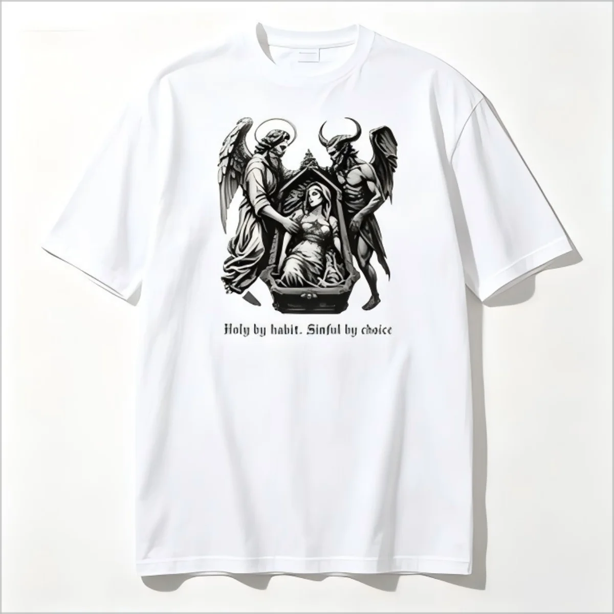 Angel Demon Dark Gothic Graphic T-Shirt, Vintage Evil Saint Art Print Crew Neck Tee, Loose Casual Edgy Aesthetic Short Sleeve
