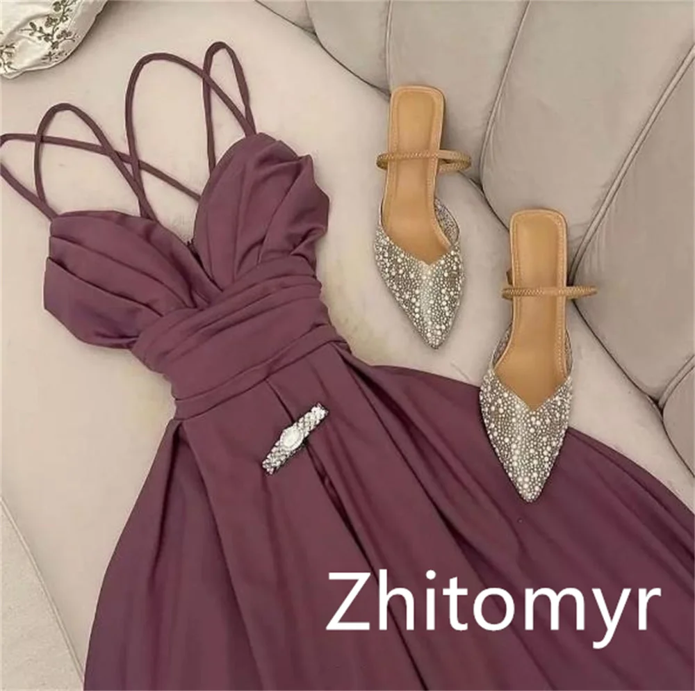 Ball Simple Sexy Spaghetti Strap A-line Cocktail Dresses Shirred Skirts Satin Prom فساتين سهرة فخمه 2023 مناسبة حسب ال