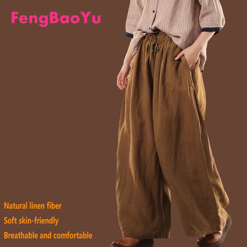 

100% Natural Linen Straight Pants for Women, Pink Lace-up Wide-leg Pants, Comfortable and Breathable for Outdoor Casual Travel