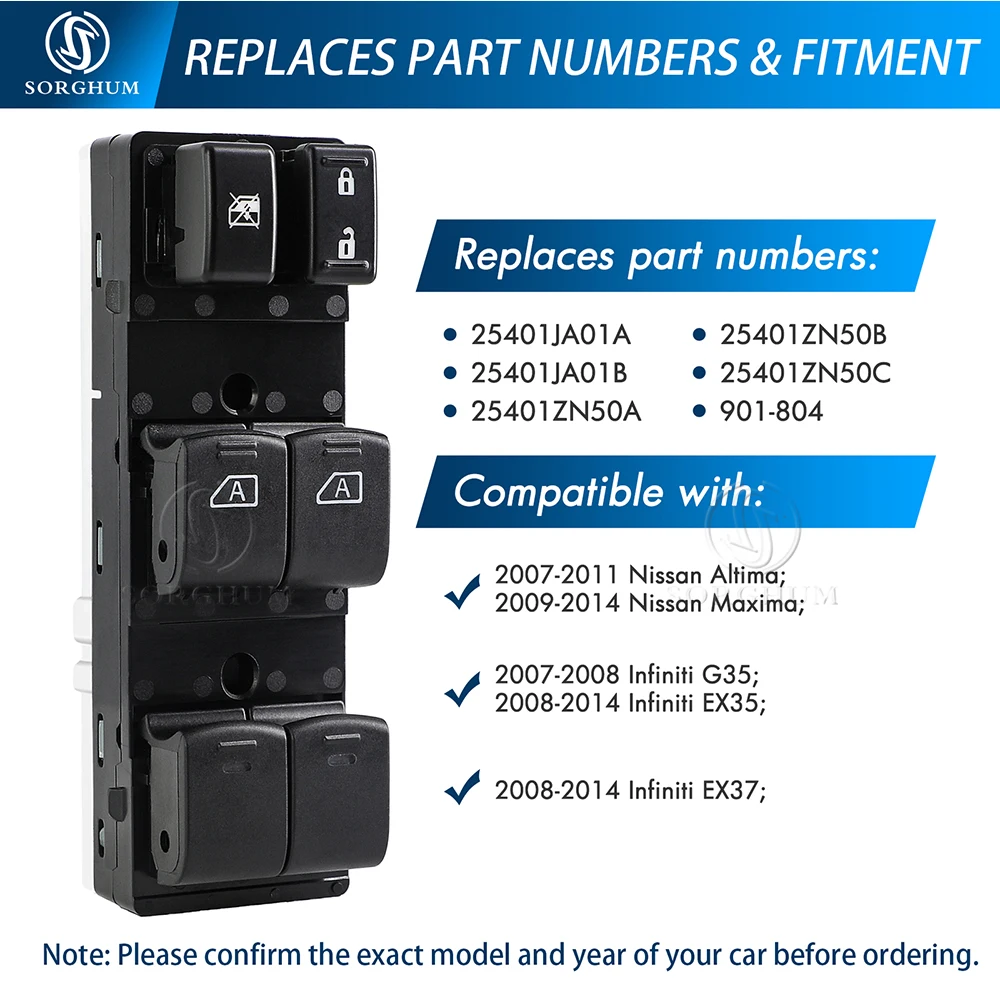 SORGHUM 25401-ZN50C Master Front Left Side Car Window Switch For Nissan Altima 2007-2012 Infiniti EX35 EX37 2008-2014 25401ZN50C