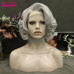 Imstyle Korte Pruik Grijs Synthetische Lace Front Pruik Natuurlijke Haarlijn Golvend Pruik Hittebestendige Vezel Cosplay Pruiken Voor Vrouwen Party pruik