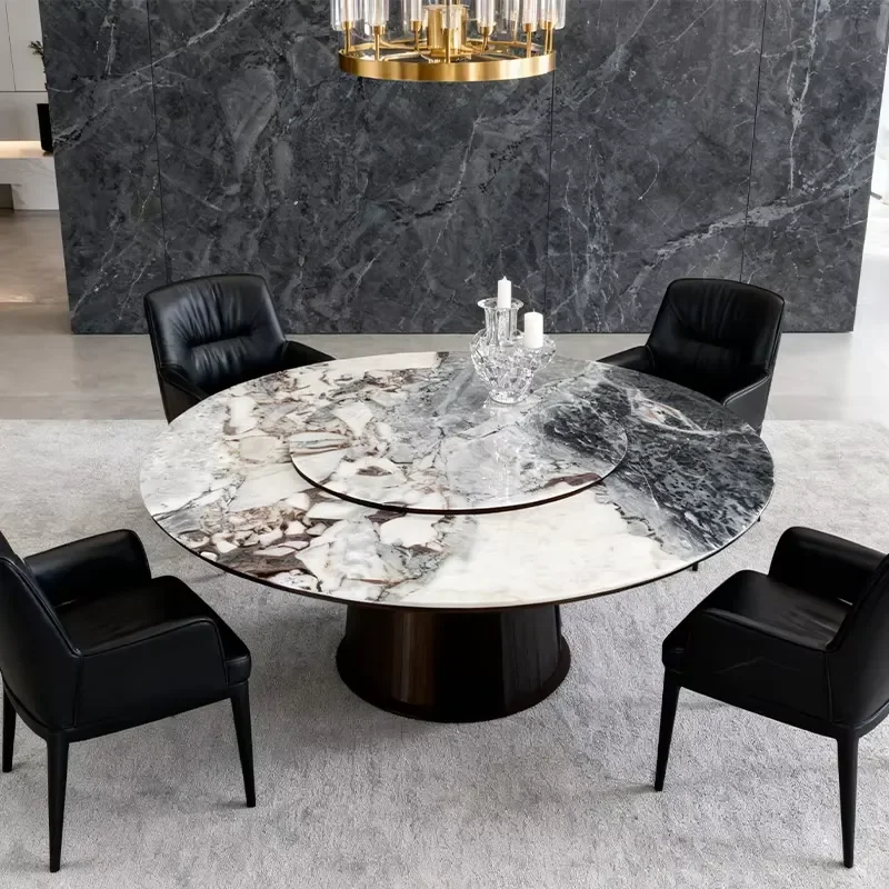 Modern Grey White Round Marble Dining Table With Turntable Design for Home or Hotel for Dining Room Furniture