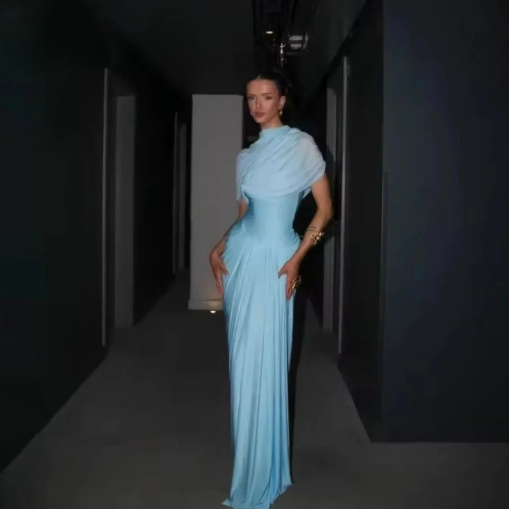 مثير مخصص التدابير العربية السعودية الأزرق أنيقة حورية البحر فساتين السهرة عالية الرقبة نصف الأكمام فساتين لحضور الحفلات الموسيقية ضفائر حزب Fo