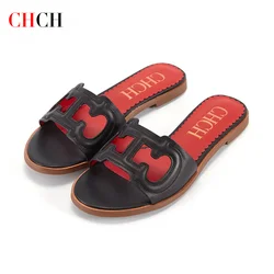 CHCH Women's Slippers 2024 Simple Black Flat Flat Women's Shoes Home Indoor Slippers