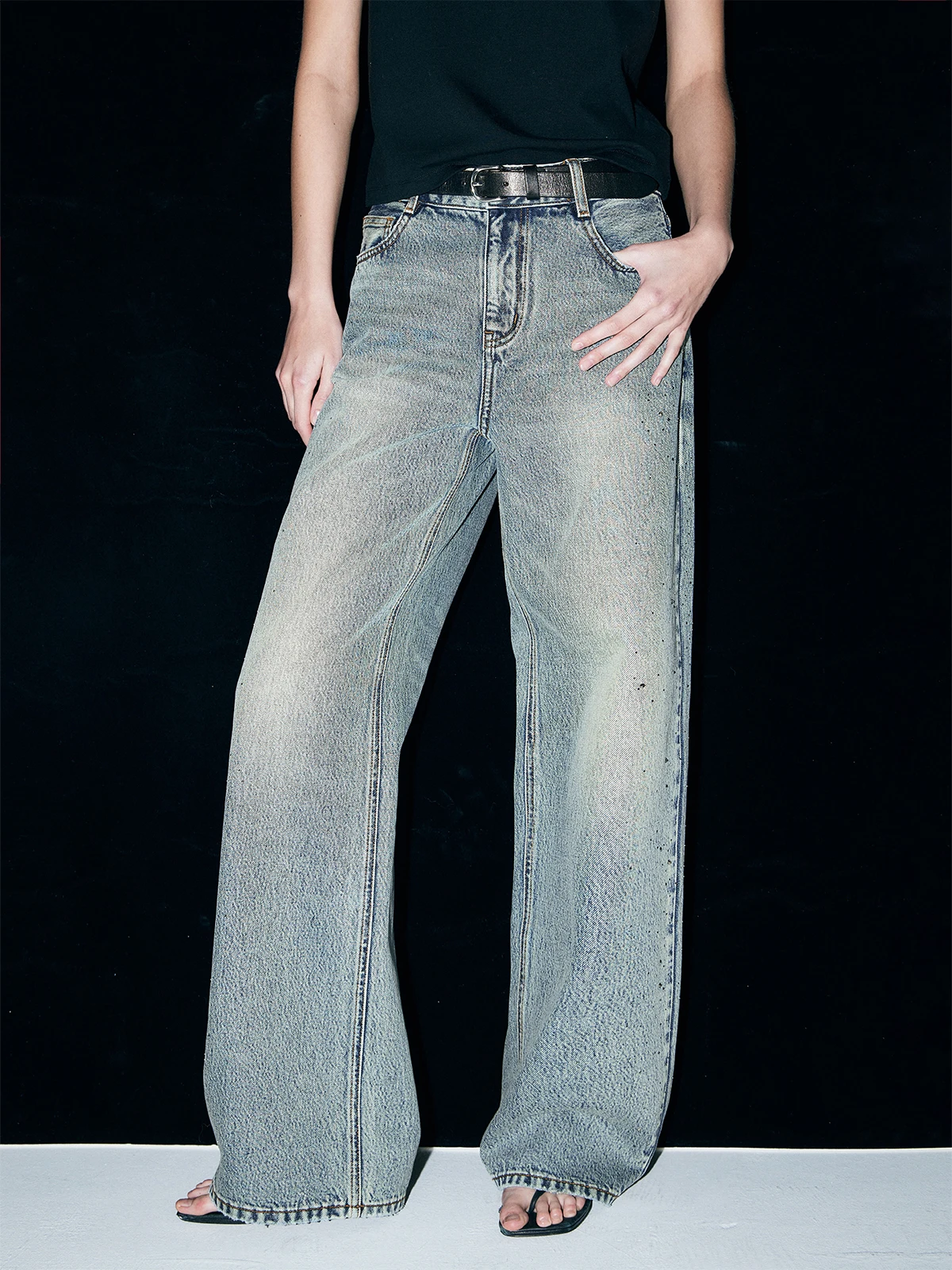 

Джинсы с высокой талией и прямыми штанинами, женские, из денима, с эффектом потертости, длинные, из хлопкового вельвета, с блестками, новые, в стиле ретро, Thornsaura T260JR20