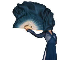 White Navy Blue Gradient Real Silk Fan Veils Two Layers Double Fan Pair Chinese Yangko Square Dance Performance Props 20 Inches