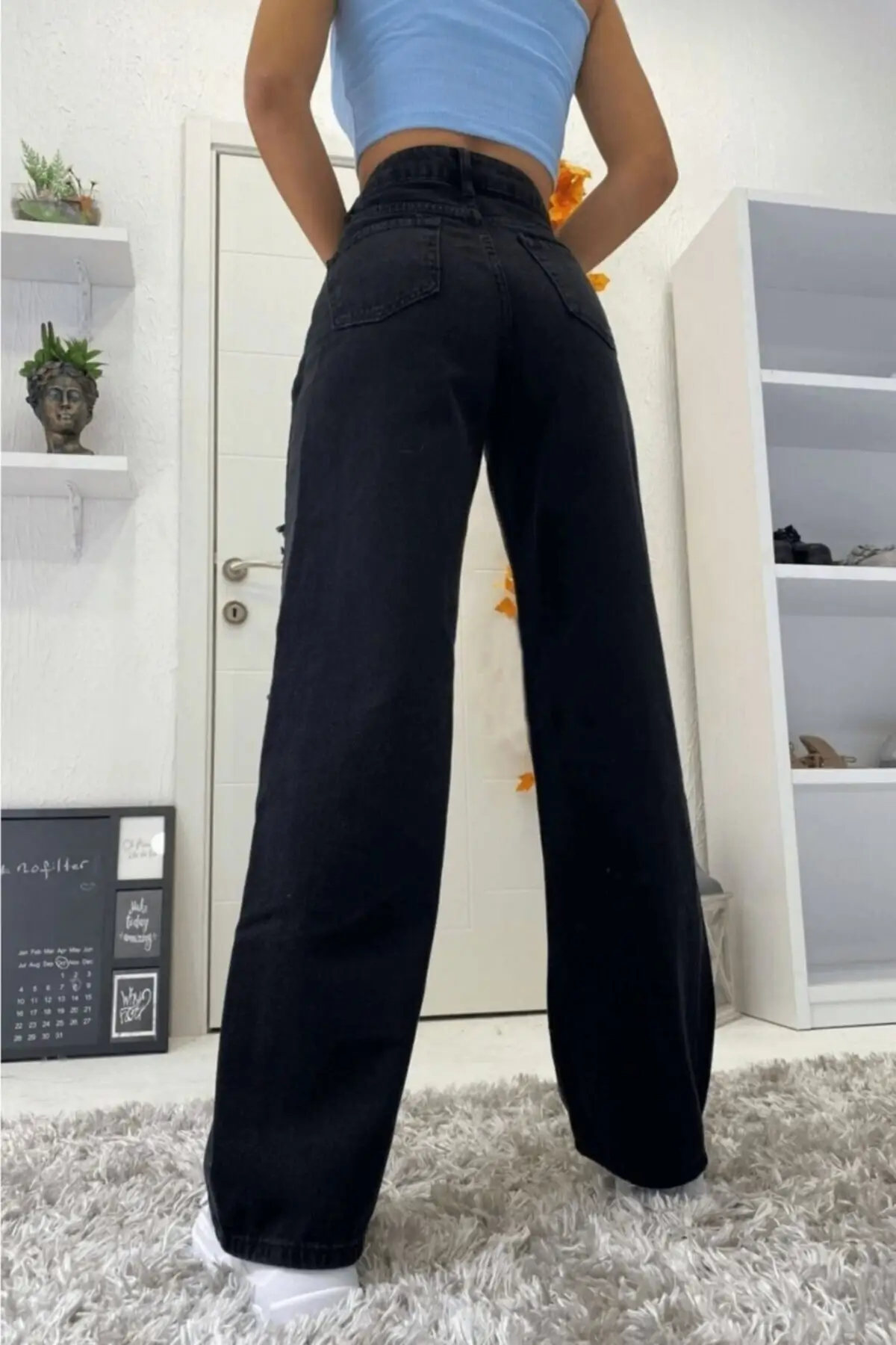 Fadeless Black Lycra Super High Waist Temporary Shed Jean Pants. (SUPER HIGH.) Korean fashion men's wide leg jeans 2021 autumn new