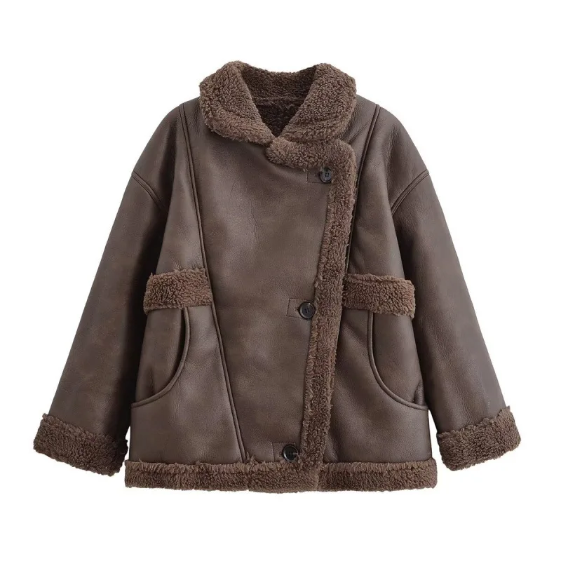 

Street Faion Lamb Fur Coat Women's Inteated Leather And Fur Jaet Thiened Long Sle Pure Color Winter Outerwear