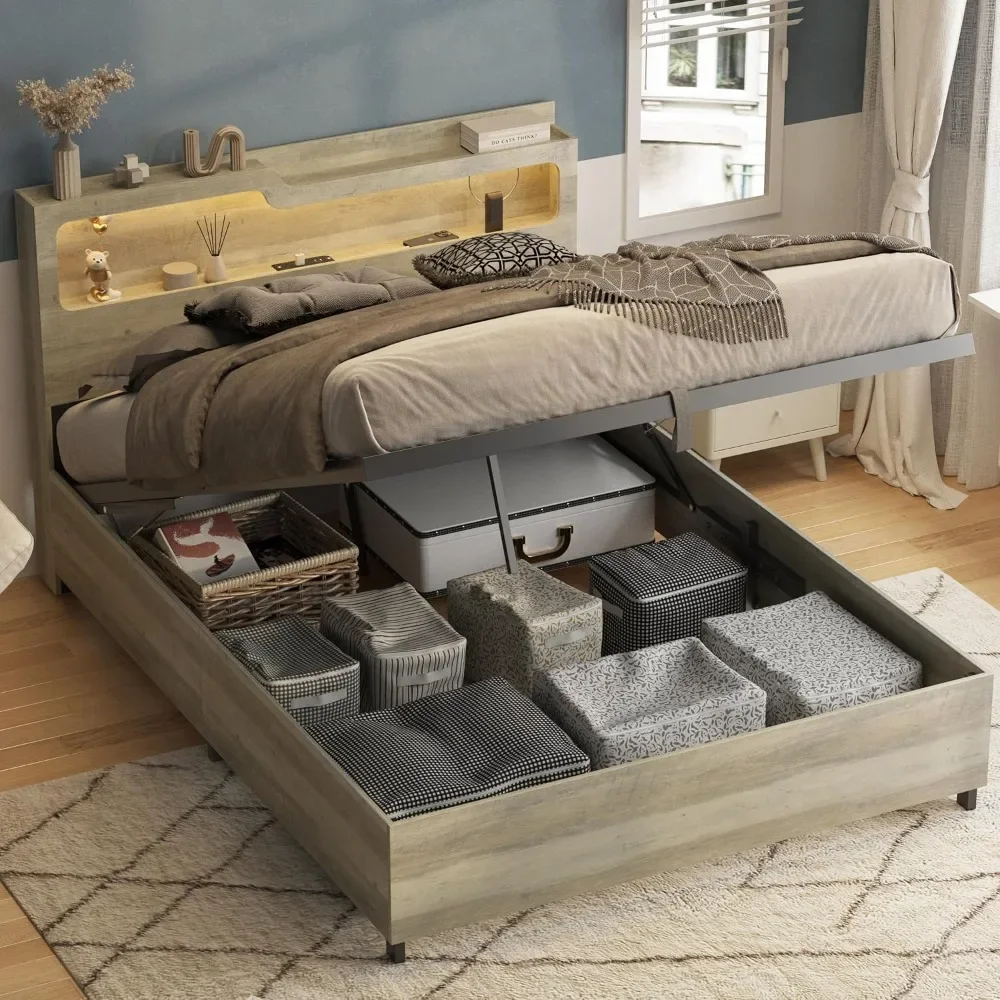 Full Size Lift Up Storage Bed Frame, Lifting Storage & Charging Station, No Spring Box Needed/Noise Free, Bed Frame