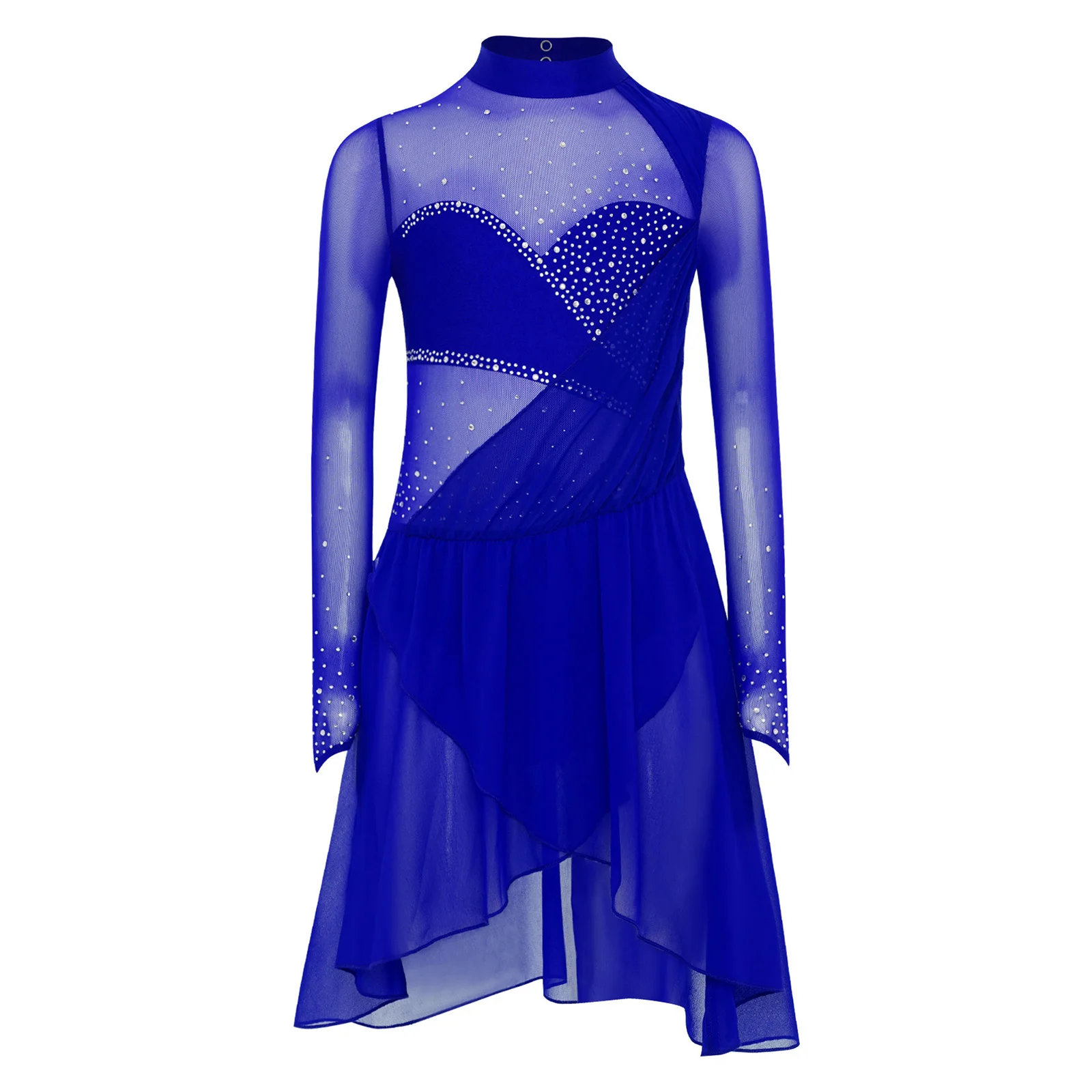 

Girls Lyrical Dance Dress Transparent Backless Shiny Rhinestone Irregular Dress for Stage Performance Ballet Gymnastic Costume