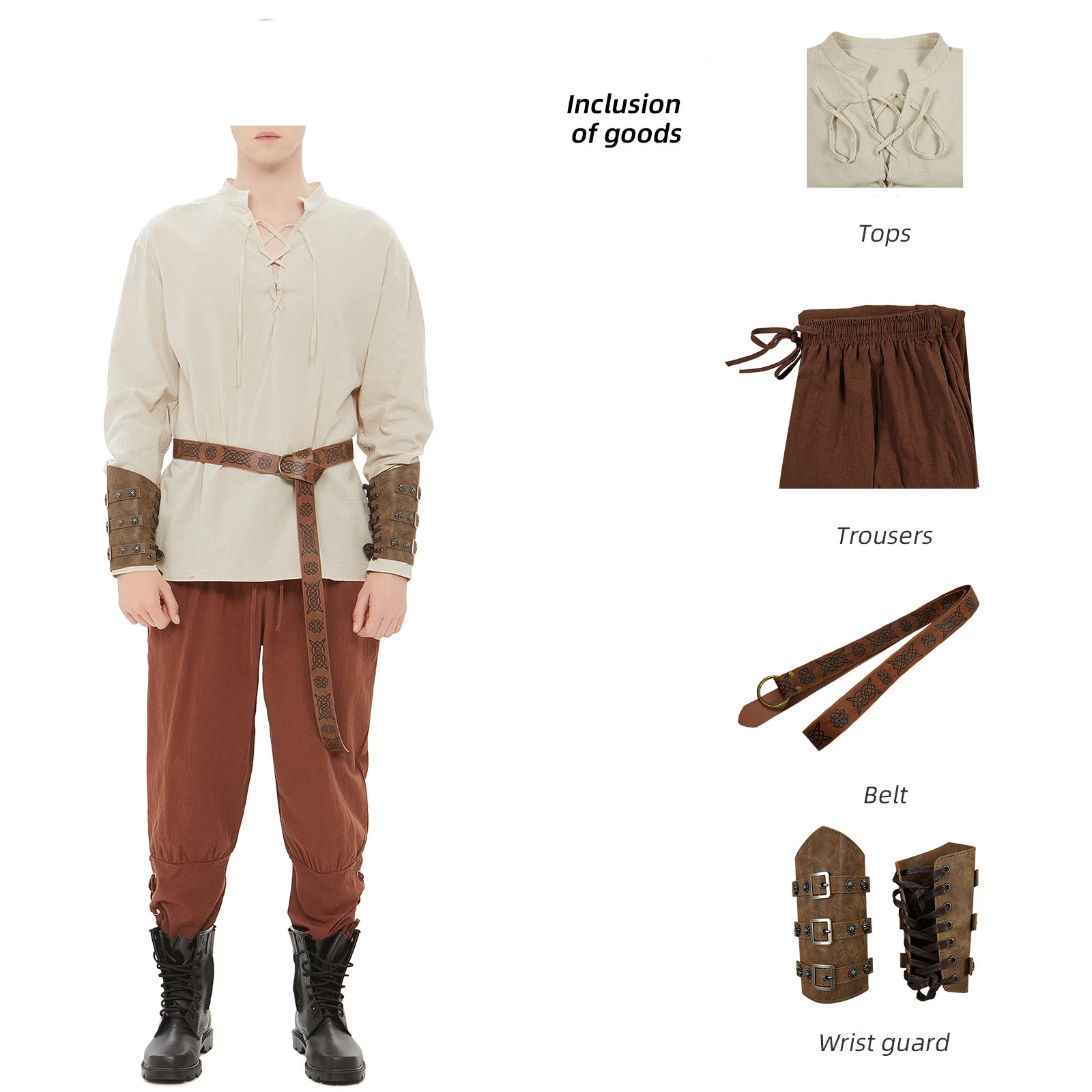 Conjunto de disfraz de pirata de 4 piezas para hombre, camisa vikinga Medieval renacentista para Halloween, pantalones con bandas, cinturón, fiesta de Cosplay