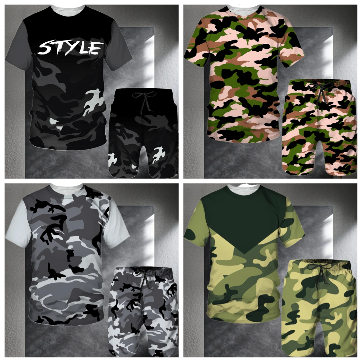 

25/26 New Summer Set Men's T-shirt Trendy American Street Printed Round Neck Men's Set Trendy Handsome Sports Two Piece Set