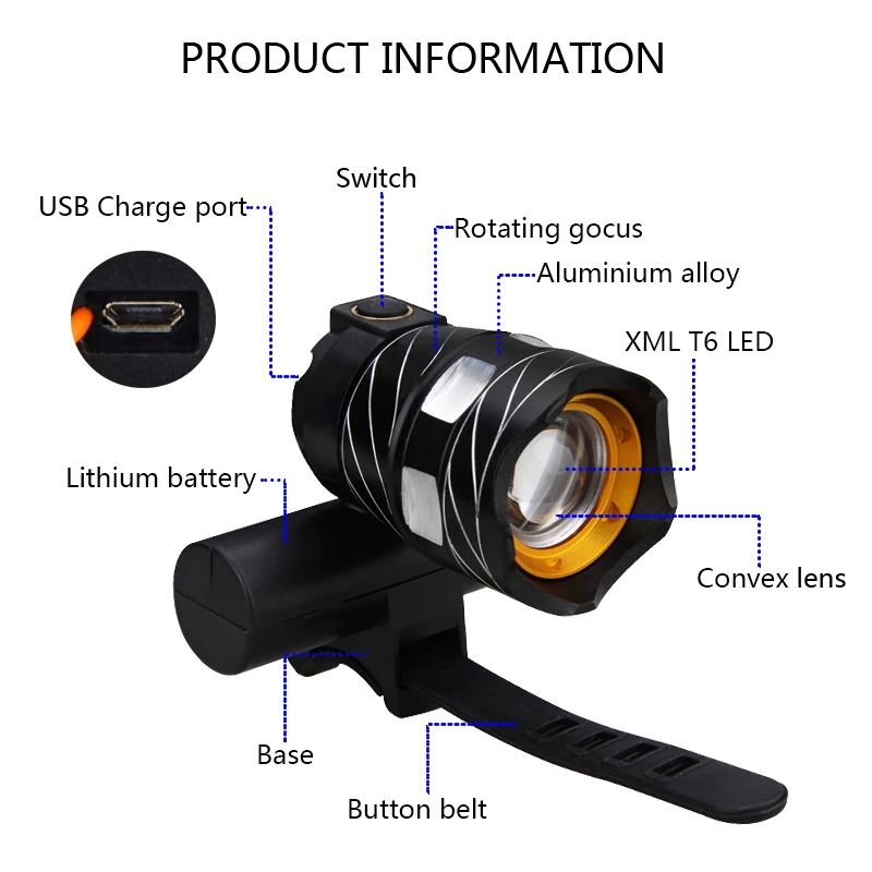 Rechargeable 1200 LM USB LED ZOOM Front Bike Bicycle Light Lamp Headlamp Headlight Rear Light Built-in Battery