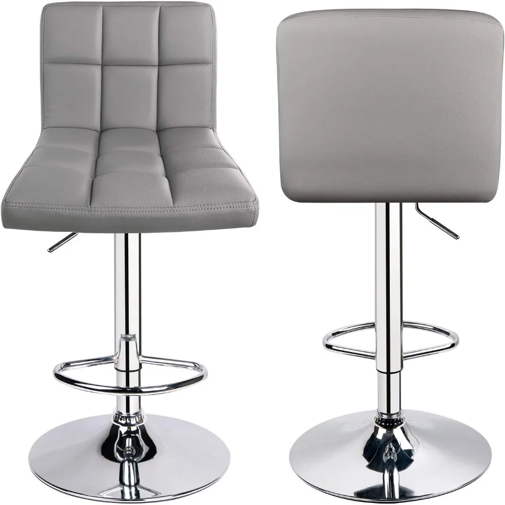 Leopard Bar Stools, Modern PU Leather Adjustable Swivel Bar Stool with Back Set of 2 (Light Grey) 16" W X 14.5" D X 24.5"-32.5"H