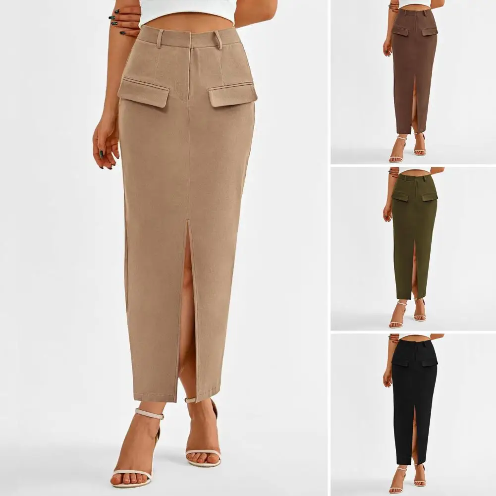 Elegant Khaki Women's Skirt Fashion High Waisted Ankle-Length Skirts Casual Straight Solid Skirt Female Clothing Casual Skirt