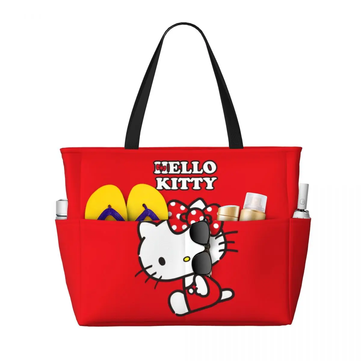 Custom Red Bow Hello Kitty Tote Bag Women Big Capacity Anime Cat Beach Gym Travel Bags