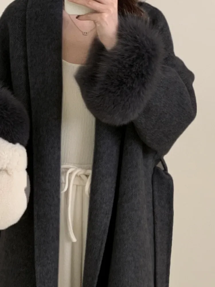 Two Sided Spliced Cashmere Coat For Women turn down collar Long Sleeves Solid Color Coats Winter 2025 New