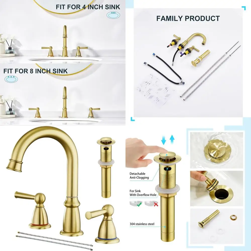 

8 3-Hole Brushed Gold Bathroom Sink Faucet with Pop-Up Drain, 2 Handles, 4 Spout for Vanity, Basin, and Bath