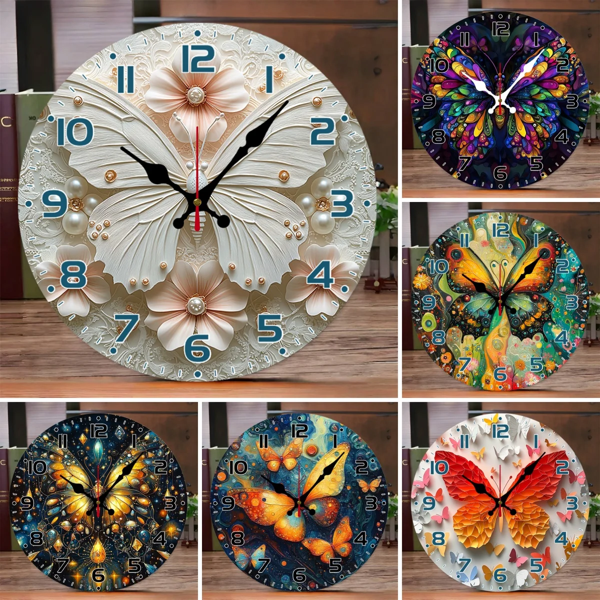 Dreamy Insects Wooden Round Silent Hanging Wall Clock,Suitable For Living Room,Office,Study Room,Bedroom,Home Decoration