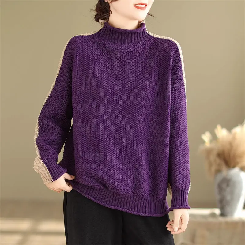 

Casual Versatile Half High Neck Knitted Sweater Simple Fashion Loose Warm Top Solid Color Raglan Sleeve Pullover For Women Z4453