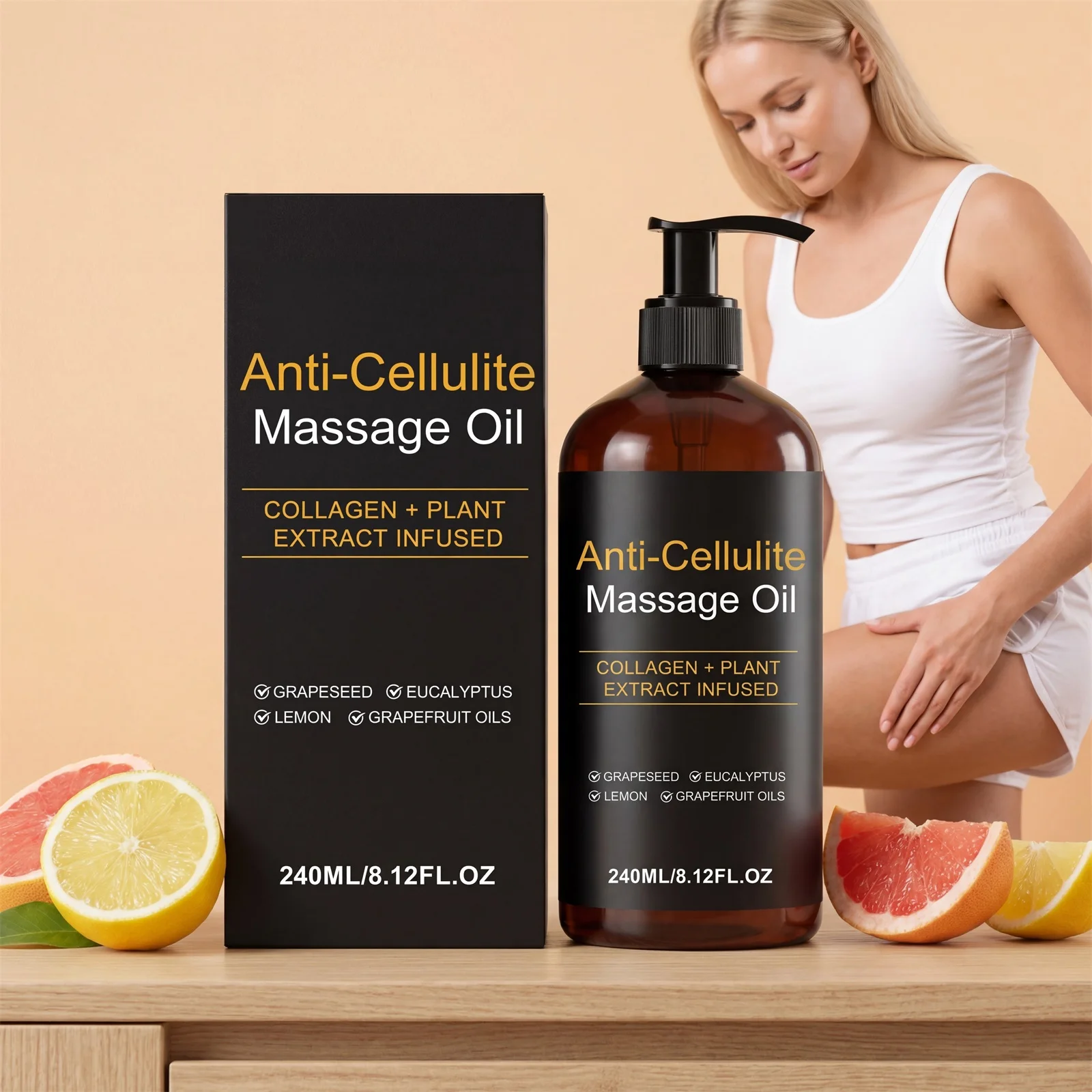 Óleo de massagem corporal reafirmante com colágeno, anti-flacidez, suavizante, celulite, melhora a textura da pele, óleo corporal refrescante para pernas e completo
