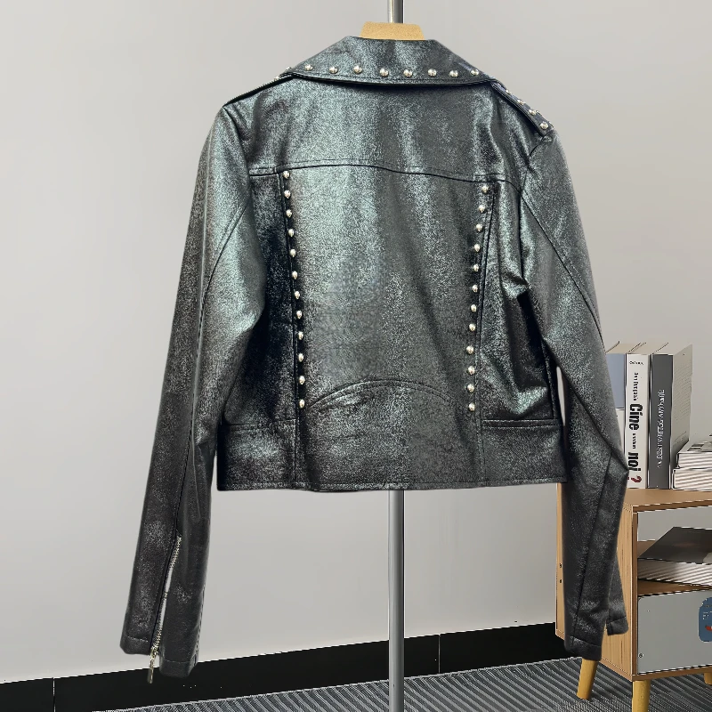 Korean Slim Short Faux PU Leather Jacket Bead Rivet Lapel Long Sleeve Spring New Women Imitation Leather Biker Jacket Streetwear