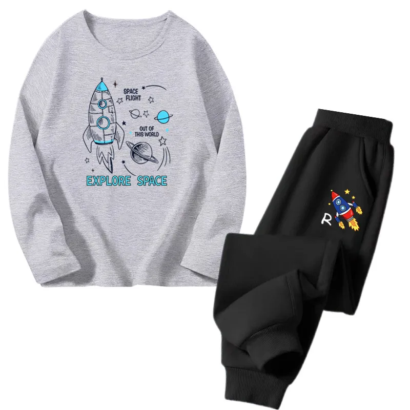 2024 New Children's Clothes Sets Boys Cartoon Rocket Space Suits Kids Long Sleeve Tshirt and Pants 2pcs Outfits