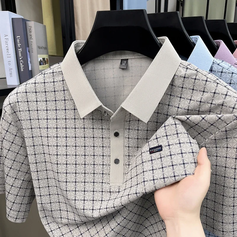 Mens Diamond Jacquard Short Sleeve Polo Shirts Casual Business Tops Breathable Lightweight with Chest Pocket
